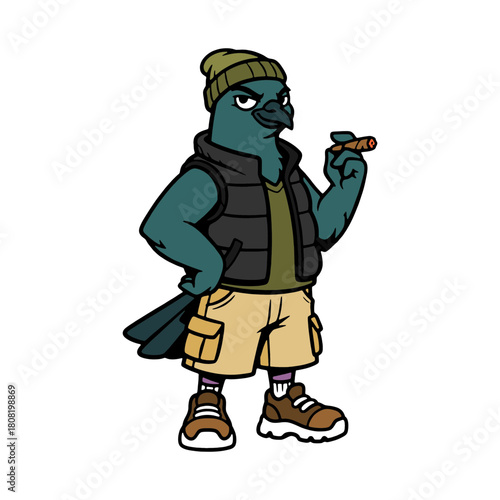 Cool pigeon cartoon character with a confident swagger, wearing a beanie, vest, and cargo shorts while puffing on a cigar, ready for anything