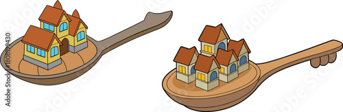 Miniature medieval village floating on a wooden spoon, fantasy concept with tiny houses, cobblestone streets, towers, and greenery, whimsical miniature world, creative miniature architecture scene.