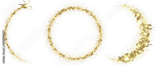 Abstract golden sparkling dust swirls and particles forming decorative circular and crescent shapes on a white background, creating a magical and ethereal atmosphere