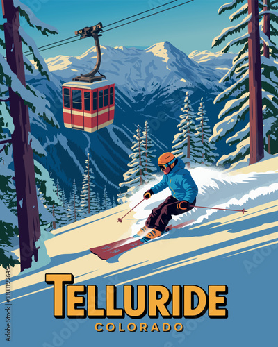 Travel poster Telluride ski resort American winter landscape vintage style snow-capped peaks skier silhouette nostalgic mountain adventure