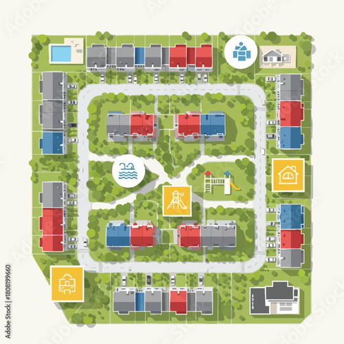 An aerial, illustrated view of a planned residential community, showcasing houses, amenities, and a cohesive neighborhood layout.