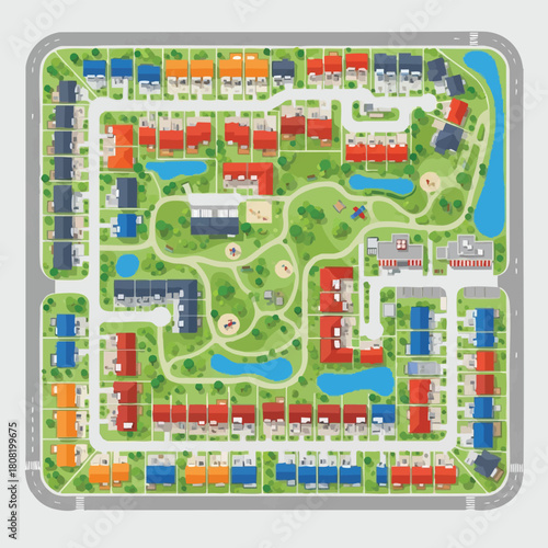 An aerial view showcases a meticulously planned residential community with houses, parks, roads, and a lake, offering a glimpse into urban planning.