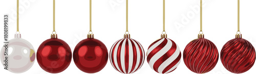 A festive collection of shining red and white Christmas ornaments showcasing diverse patterns, ideal for holiday season designs and winter celebration decorations