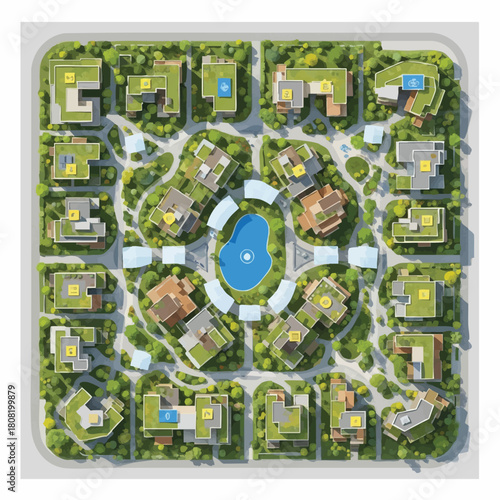 An aerial view showcases a meticulously planned residential community with lush greenery, diverse housing, and a central water feature.