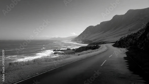 Coastal road winds through mountains and meets ocean on a cloudy day generative ai