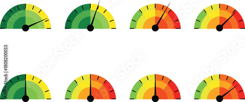 Set of radial gauges visualizing various levels, from optimal green to critical red, representing diverse performance metrics, risk assessments, or data progression