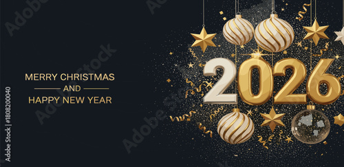 Festive New Year 2026 Greeting Card with Glittering Ornaments and Stars on a Dark Background