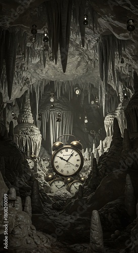 Dramatic clock display within a dark cavern interior with stalactites