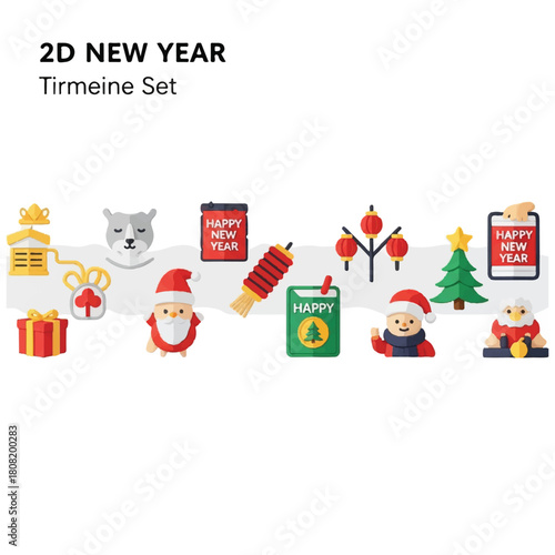 2D New Year Timeline Set: Festive Icons and Holiday Elements.
