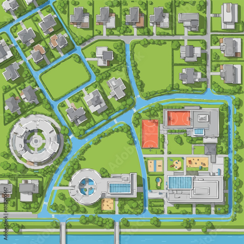 An aerial illustration showcases a meticulously planned residential area featuring houses, green spaces, waterways, recreational facilities, and a modern architectural design.