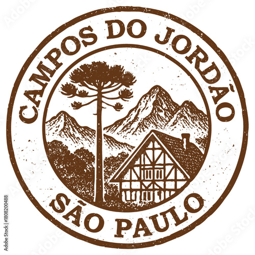 Selo de Campos do Jordão, São Paulo, Brasil. Ilustração com araucária, vista das montanhas na serra da mantiqueira, e arquitetura típica alemã.