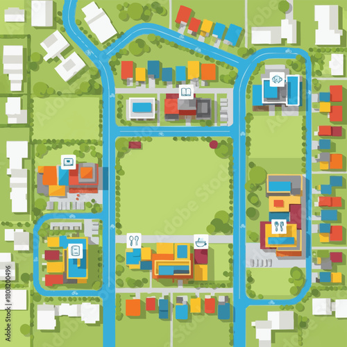 An aerial illustrated map showcases a vibrant community with diverse buildings, roads, green spaces, and essential amenities for urban planning and design.