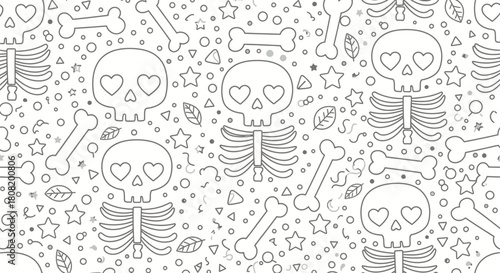 Halloween pattern with skeletons, bones and stars, seamless vector design for spooky season celebration