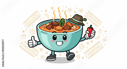 Cute goulash bowl mascot character holding a spicy chili pepper.