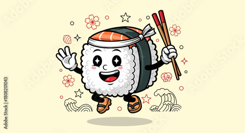 Happy Sushi Roll Character with Chopsticks.