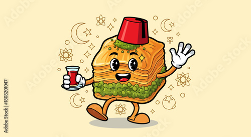 Happy Turkish Baklava Mascot Waving and Holding Tea.