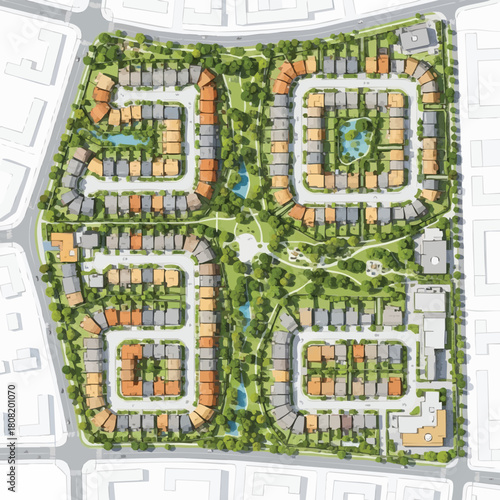 An architectural rendering provides an aerial view of a planned residential community, showcasing houses, green spaces, and urban planning.