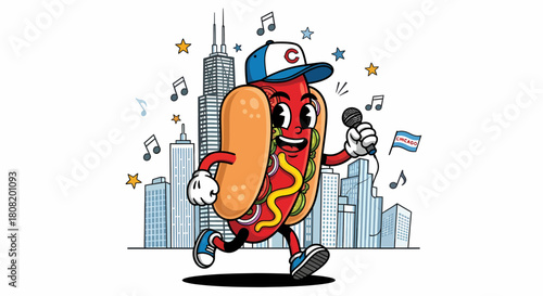 Singing Hot Dog Cartoon Character with a Microphone.