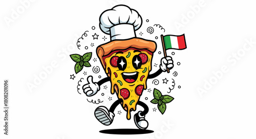 Happy Pizza Slice Chef Mascot Holding Italian Flag.