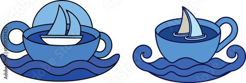 "Miniature ocean scene inside a blue tea cup with a tiny sailboat, whimsical nautical concept, tiny seascape in cup, creative miniature marine illustration, unique tabletop ocean design"