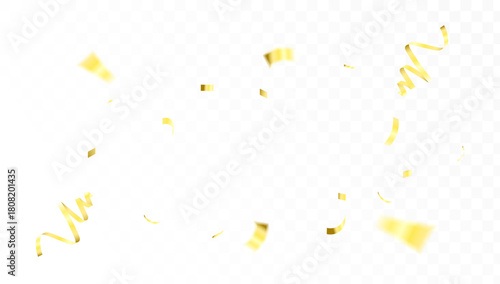 Realistic falling golden confetti and shiny streamers isolated on a transparent background for festive celebration design elements