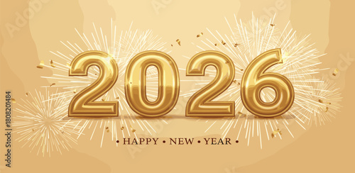 Festive 2026 New Year background with glistening gold numbers, exploding fireworks, and scattered confetti, ideal for holiday promotions, celebratory designs, and seasonal greetings