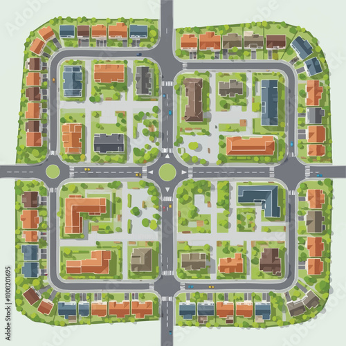 A detailed aerial view showcases a meticulously planned residential community with homes, businesses, roads, and green spaces, illustrating urban planning concepts.