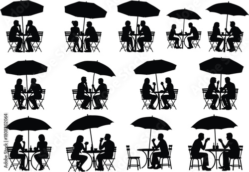 Silhouette people sitting at outdoor cafe table under umbrella vector illustration, romantic couple conversation design, coffee shop lifestyle concept art graphic