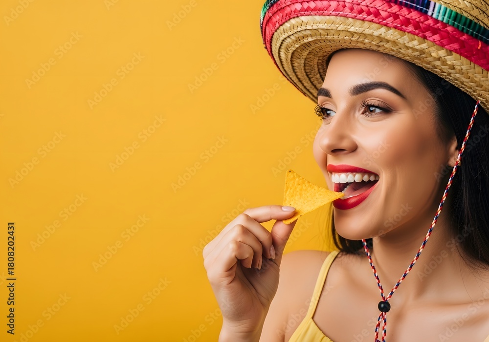 Fototapeta premium Woman in Sombrero Eating Nacho Tortilla Chip Funny Mexican Food and Celebration