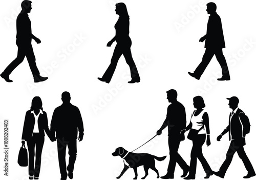 Silhouette people walking together and alone, man woman couple with dog, daily lifestyle activity concept, vector illustration design for urban street background