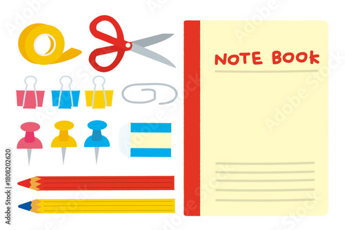 文房具イラストセット| ノート・鉛筆・赤鉛筆・消しゴム・ハサミ・クリップ・ピン・テープ/教育向け素材/Stationery illustration set
