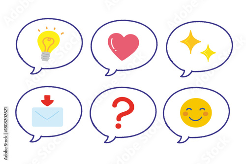 絵文字で構成されて吹き出しイラストセット|ひらめき・ハート・キラキラ・メール・ハテナ・笑顔/教育向け素材/A set of speech bubble illustrations made up of emoticons