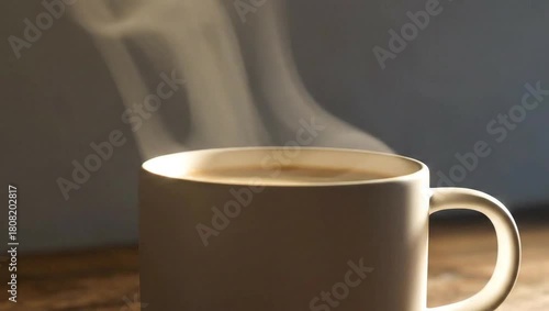 Steaming hot coffee in a white mug on a wooden table.