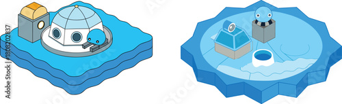 Tiny arctic research station perched on a melting ice cube, symbolizing climate change, environmental risk, and fragile polar exploration in a minimalist, isolated, and dramatic visual concept.