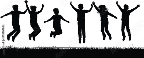Silhouette vector illustration of children jumping with raised arms on grassy field, outdoor fun and happiness concept, childhood freedom and joy design