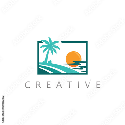 Vibrant tropical coconut palm beach vector logo for modern travel agency branding