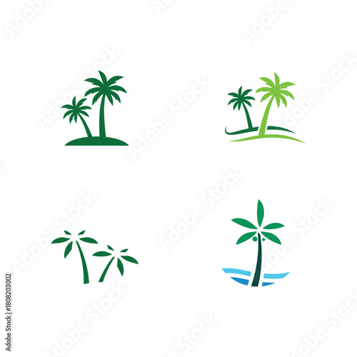 Palm beach set tropical island vector logo design for summer holiday tour promotion
