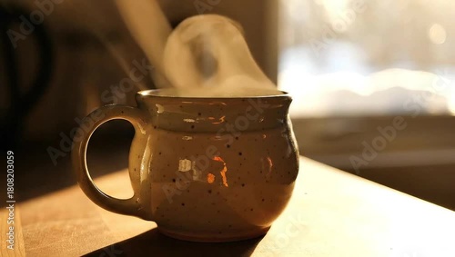 Steaming hot beverage in a rustic mug on a wooden table, illuminated by natural light.