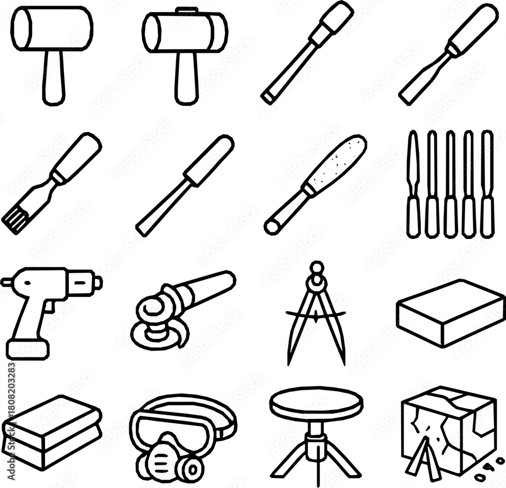Fototapeta premium Sculpting Tools — 16 Detailed Line Art Vector Icons