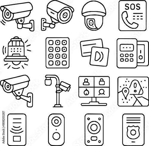 Urban Security Grid — 16 Monoline Vector Icons