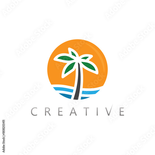 Sunshine tropical coconut palm beach vector badge for summer adventure tour branding