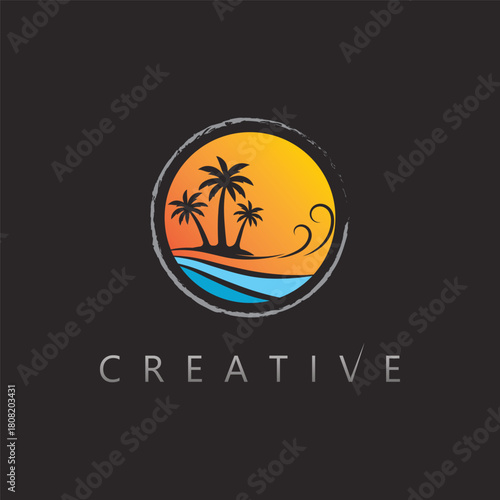 Serene coconut palm beach landscape vector logo for tropical vacation service brand