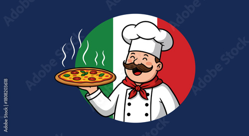 A cheerful cartoon chef proudly presents a freshly baked, steaming pepperoni pizza, highlighted against a vibrant Italian flag background, perfect for food themes.