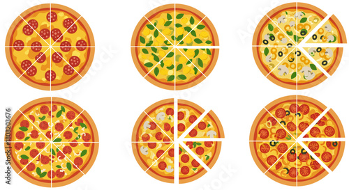 A vibrant vector illustration showcasing a variety of delicious pizzas, each with unique toppings and sliced into portions, perfect for menus or food-related designs.