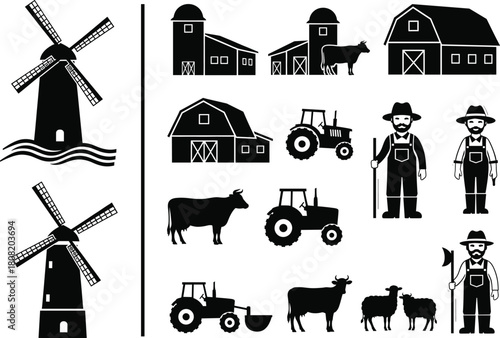 Silhouette vector illustration of farming elements with barns, tractors, cows, sheep, farmers, and windmills, agriculture countryside concept, rural landscape design collection isolated