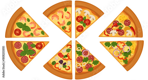 A colorful vector illustration showcasing various pizza slices with different toppings, perfect for menus, food blogs, or promotional materials, presented in a clean style.