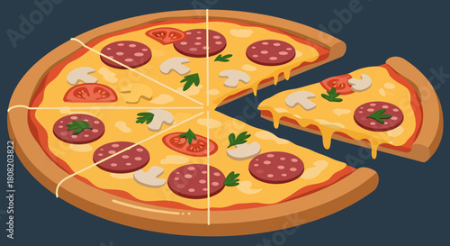 A colorful vector illustration depicts a delicious pizza with pepperoni, mushrooms, and tomatoes, with a slice being removed, isolated on a dark background.