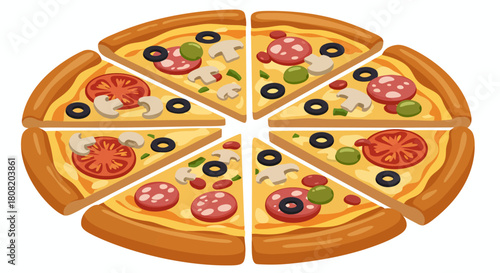 A delicious, freshly baked pizza cut into six slices, featuring a variety of toppings like pepperoni, olives, mushrooms, and tomatoes, presented in a vibrant, vector illustration.