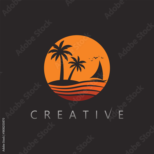 Ocean sunset beach coconut palm vector logo design for luxury island resort identity