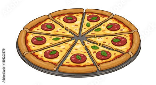 Delicious pepperoni pizza vector illustration, sliced into eight portions and garnished with basil leaves, perfect for restaurant menus or food-related designs.